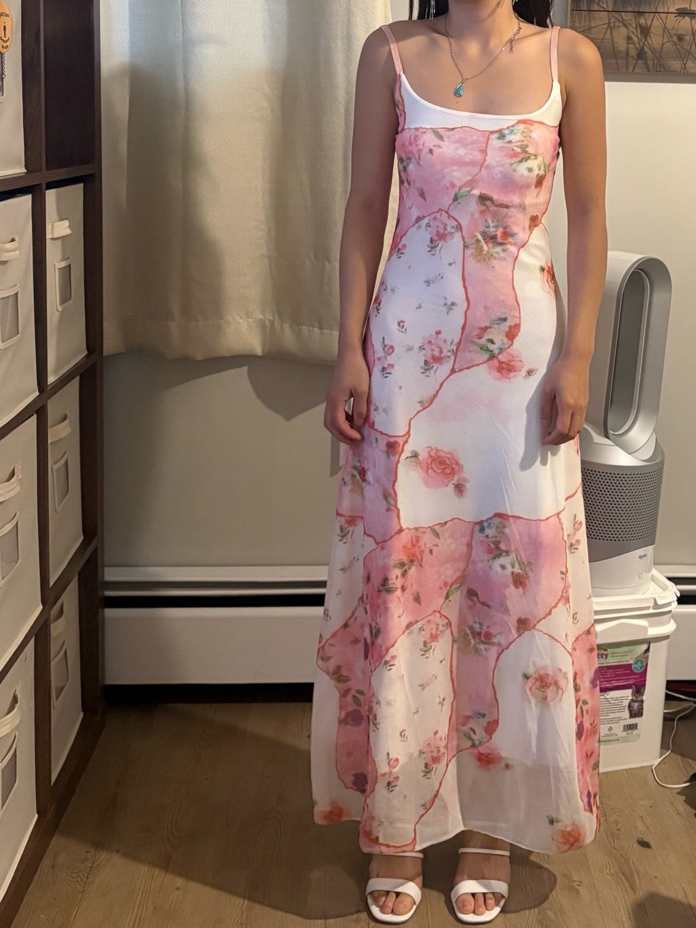 Floral Pink Slip Maxi Dress with Spaghetti Straps